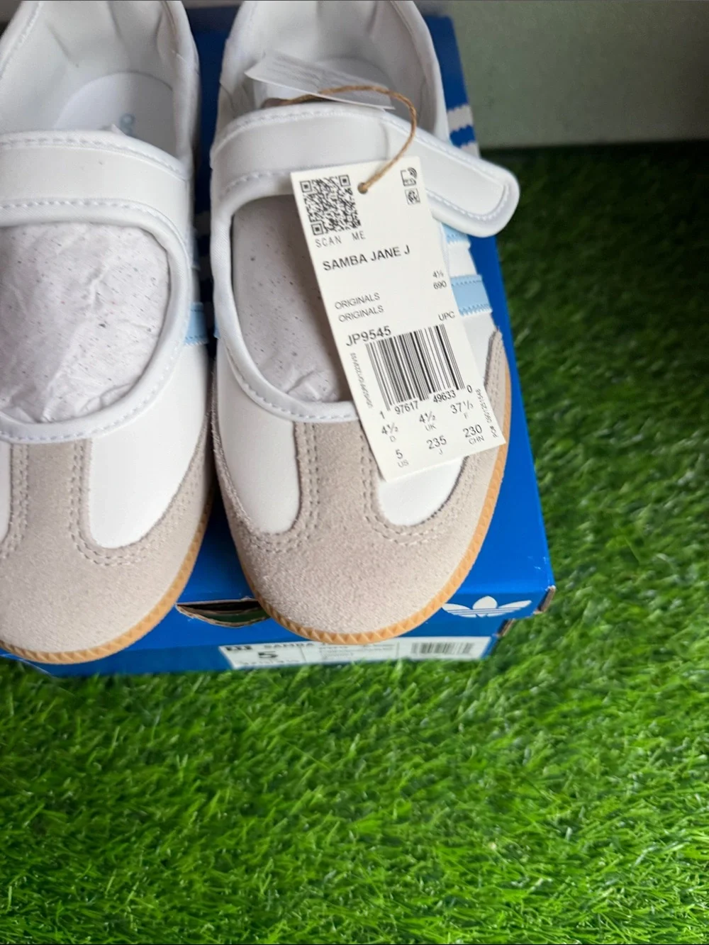 adidas Kids Samba Jane J White & Light Blue Sneakers with Gum Sole